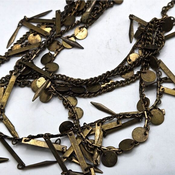 "5/$25" Edgy Brasstone Multi-layered Spike Disc Dangle Charm Necklace - Picture 4 of 7